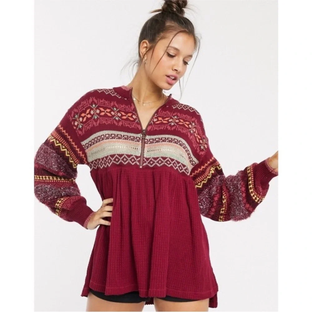 Free People Fair Isle Balloon Sleeve Babydoll Top Oversized Size XS - Picture 1 of 11